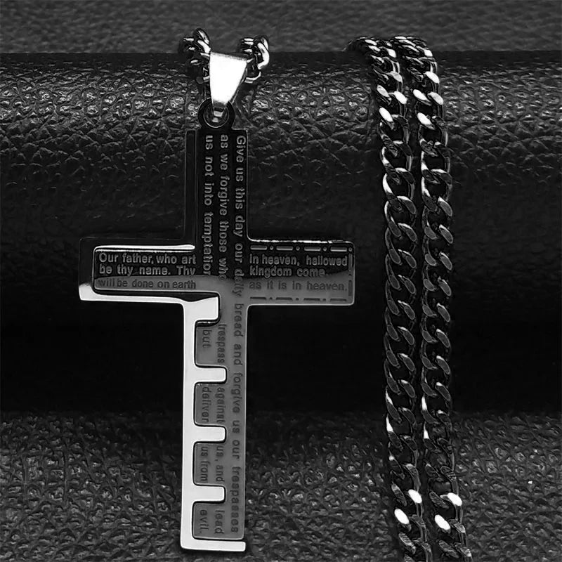 Goth Stainless Steel Cross Pendant Necklace Biker Men Punk Black Silver Color Crucifixion Crystal Necklace Hip Hop Jewelry N6337