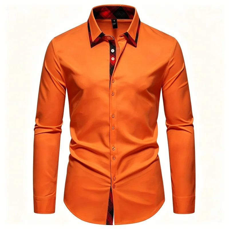 Men's Slim Fit Dress Shirt Plaid Patchwork Collar Long | SAMAG