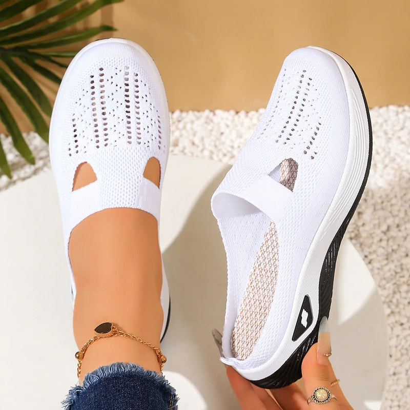 Women's Backless Walking Mules Non-Slip Breathable Knit Slippers for Elderly Ladies Indoor Outdoor Casual Shoes