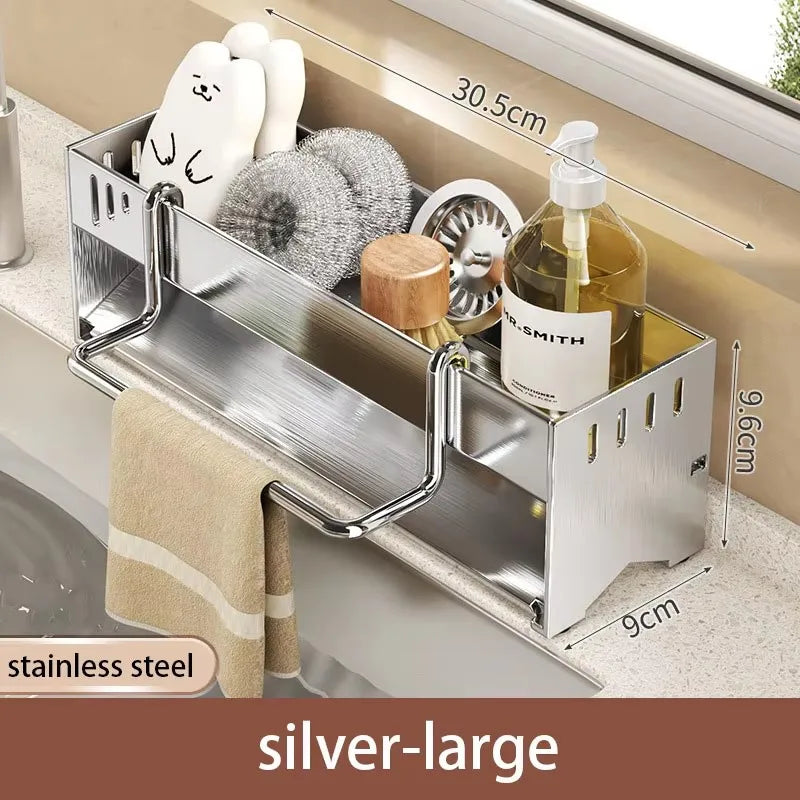 Kitchen Stainless Steel Sponge Rack Household Sink Rag Drain Shelf Multi-functional Scouring Pad Steel Ball Storage Rack