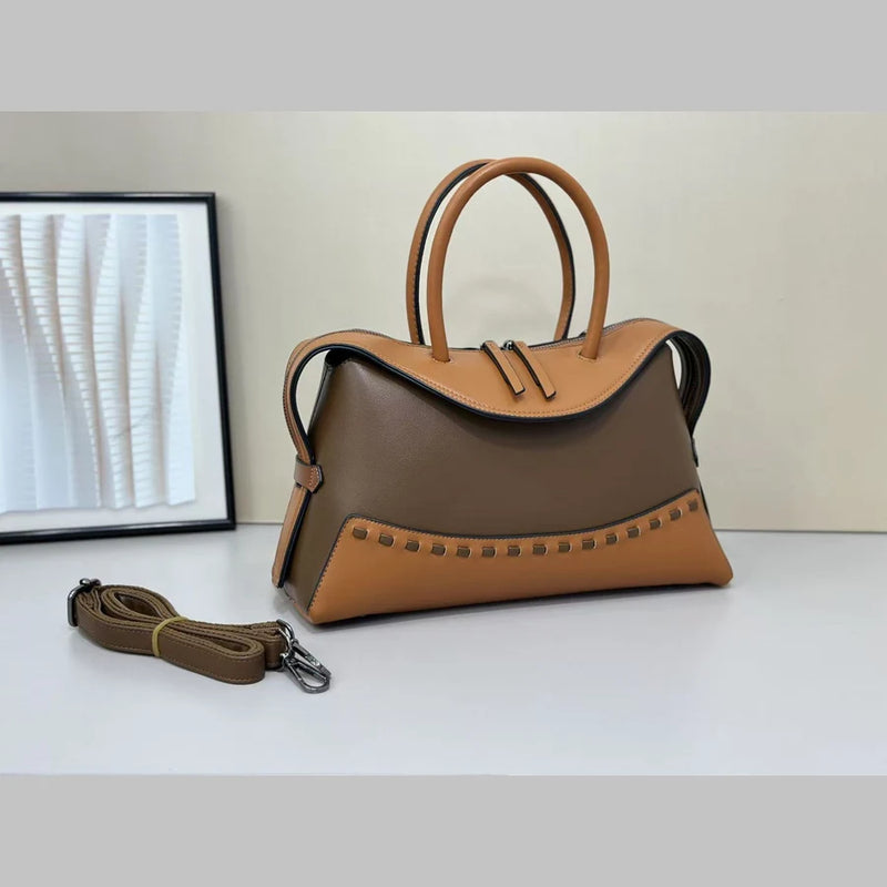Cross-border contrasting splicing Boston handbag women's fashionable new retro women's large-capacity pillow bag