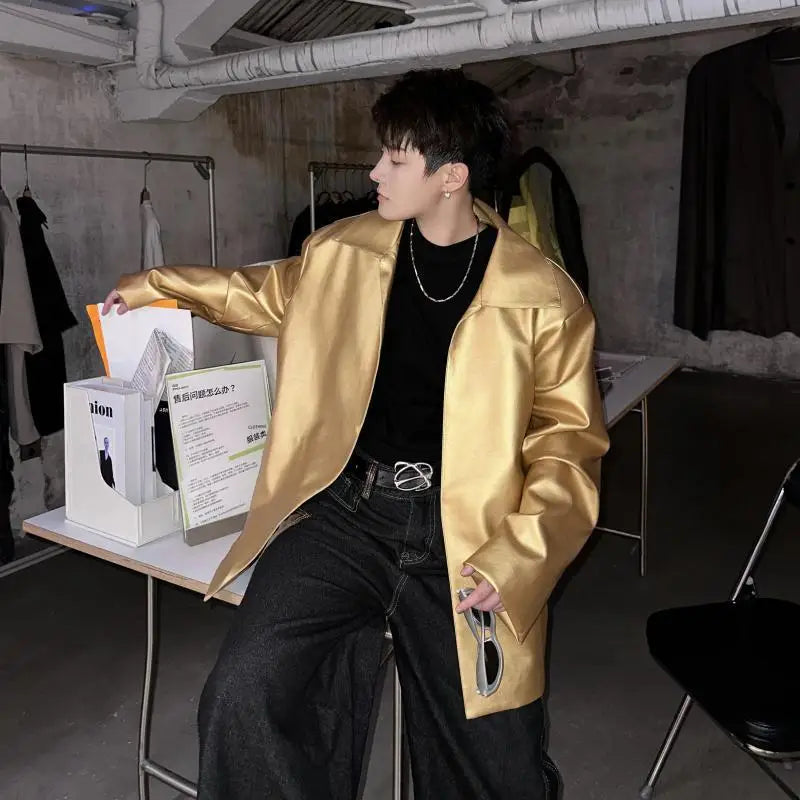 Fashion PU Leather Jacket for Men Zipper Front Long Sleeve Lapel Motorcycle Coat, Autumn Winter Casual Biker Jacket for Man