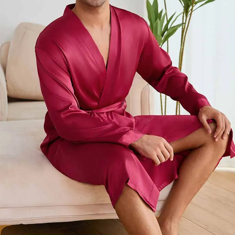 Men's Robe Shorts Pajamas Set Silky Satin Sleepwear Nightgown Loose Casual Long Sleeves Bathrobe Kimono Baroque Style Loungewear