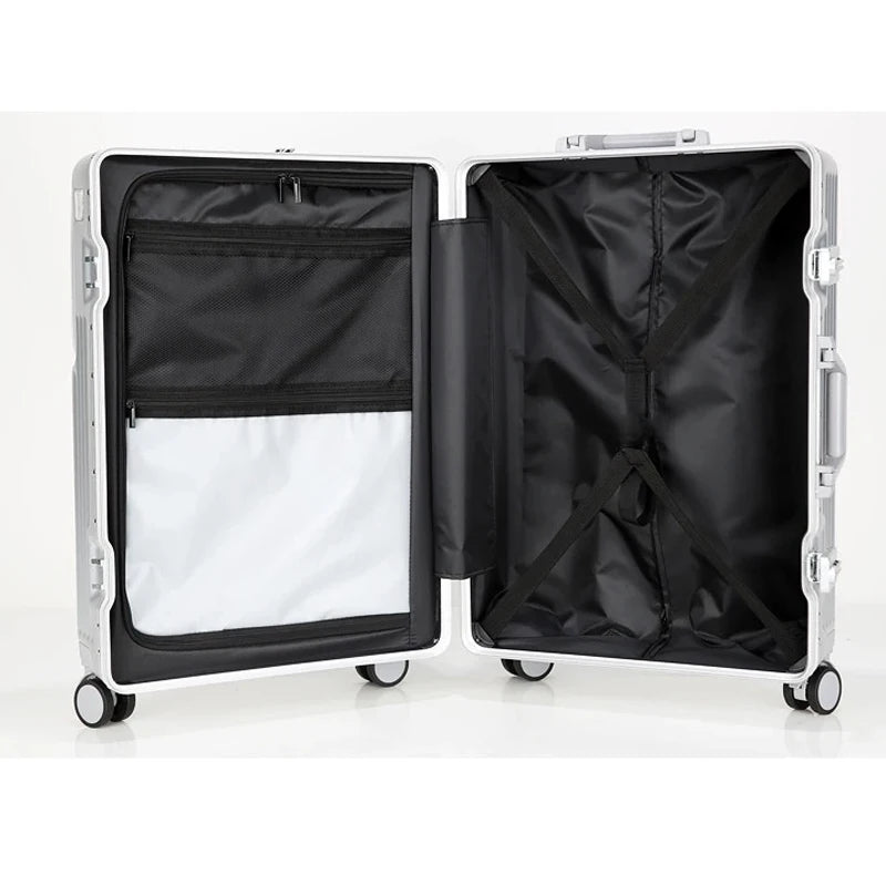 Aluminium Frame Suitcase Front Opening Cabin Luggage with USB Cup Holder Female Trolley Case Male Brake Wheel Travel Suitcase