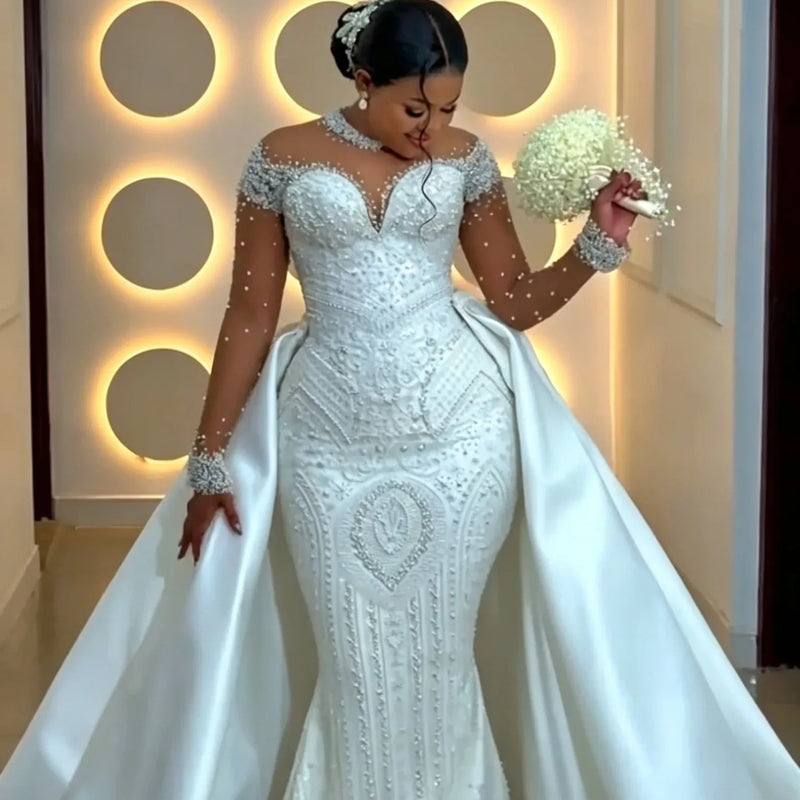 Luxury Off Shoulder Mermaid Wedding Dress High Collar - View 2 | SAMAG