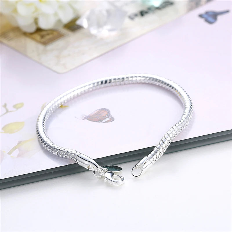 Suyixian 925 Sterling Silver 3mm Snake Chain 8 Inches Basis Bracelet For Woman Charm Wedding Engagement Fashion Party Jewelry
