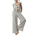 Combhasaki Women Floral Print 2Pcs Loungewear Pjs Set Fly Sleeve Front Bow Tied Ruffle V-Neck Crop Tops+Elastic Waist Long Pants