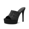 Arden Furtado Women's Silver Satin Peep Toe Slippers Round Toe Platform Super High Heel Crystal Banquet Shoes Summer