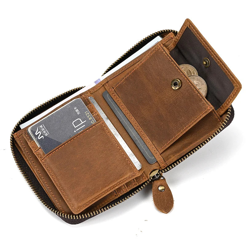 Men Crazy horse Genuine Leather Coin Wallet Real Leather Snap Short Purse Women Coin Pocket Zip Around Small Trifold Pocket