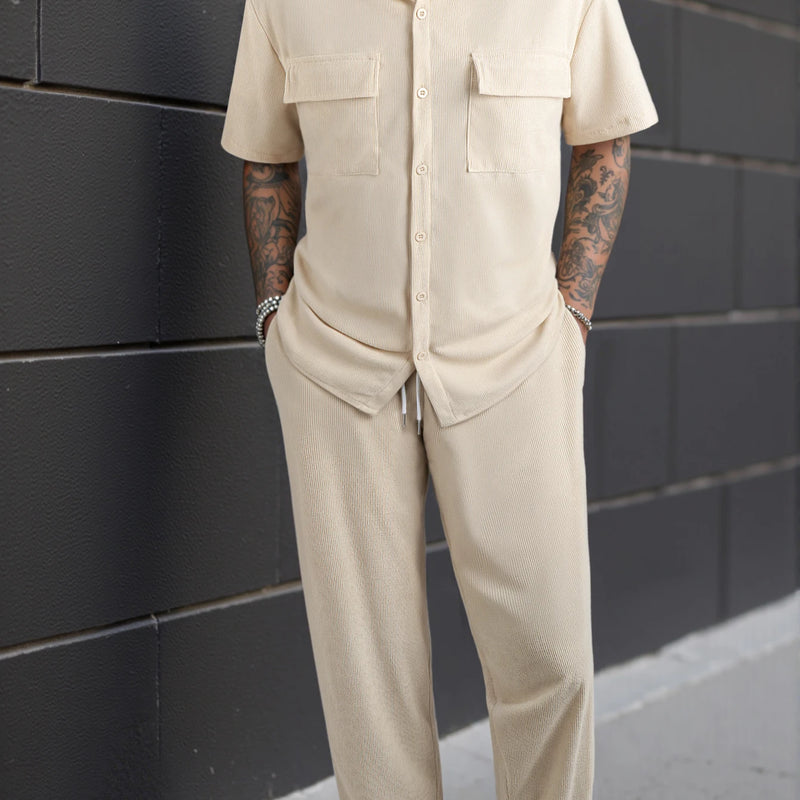 New 2pcs Set Men's Short Sleeve Shirt + Pants Suits for Beach Wear Tracksuit Solid Color Sweatpants Hawaiian - View 6 | SAMAG