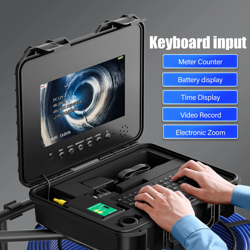 10.1" IPS Sewer Pipe Inspection Camera With Keyboard Meter Counter DVR 7mm Self-Leveling 512hz Locator AHD 1080P Sewer Endoscope