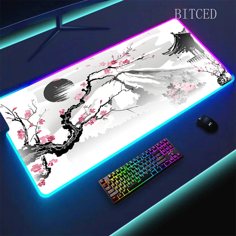 RGB Sakura Scenery  Mousepad Japan Cherry Blossom Gaming Non-slip Table Pad Glowing Keyboard Mouse Pad Laptop Mat With Backlight