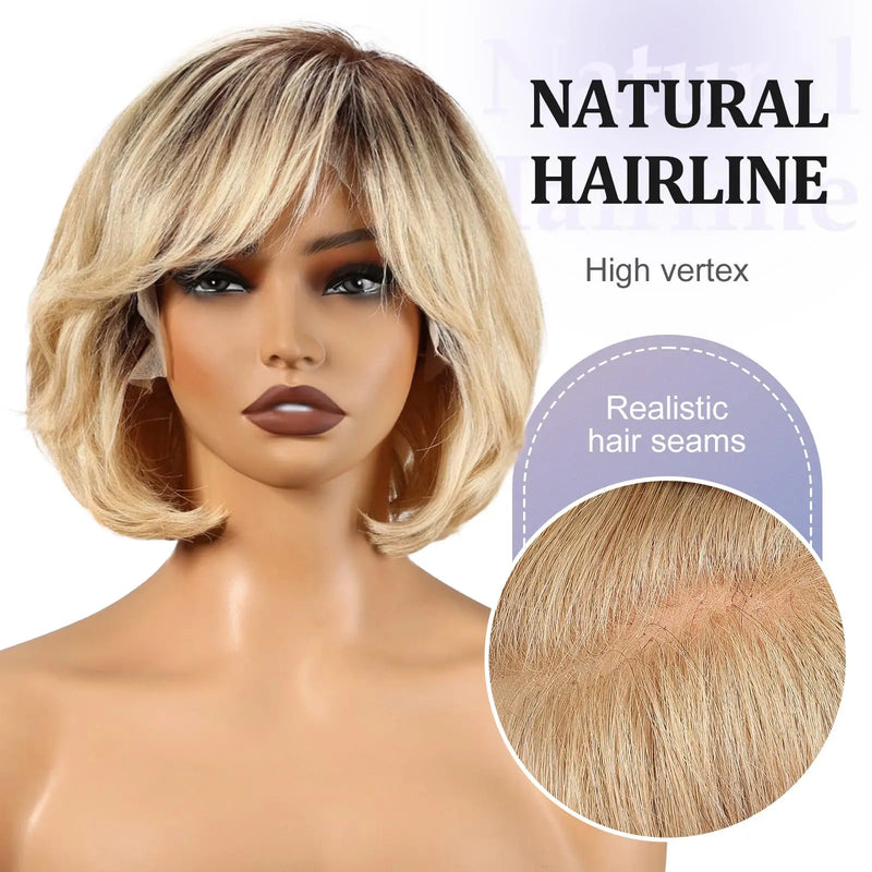 Blonde Brown Short Remy Human Hair HD Lace Front Wigs with Dark Roots Bob Natural Layered Lace Frontal Wig with Bangs for Women