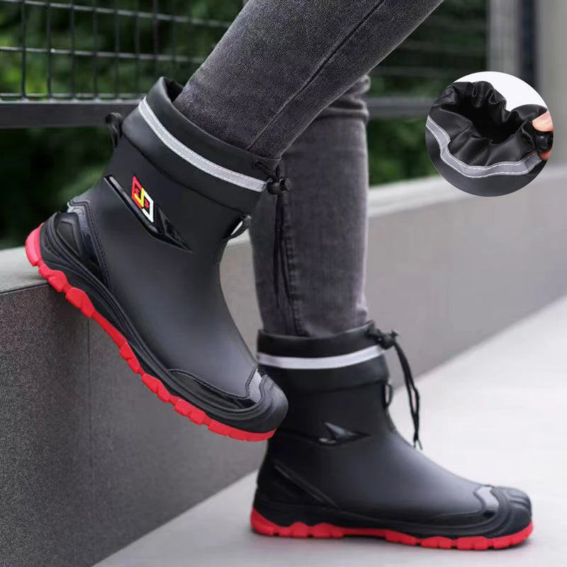 Outdoor Work British Style Anti Slip Waterproof Drawstring Drum Mouth Four Season Universal Men's Rain Boots
