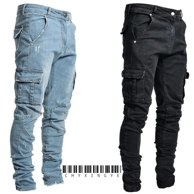 New Jeans Men Pants Wash Solid Color Multi Pockets Denim | SAMAG