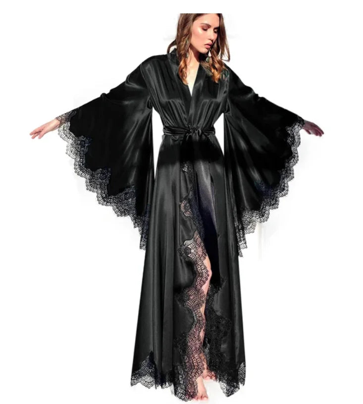 Women Robes Sleepwear Kimono Pajamas Pure Long Black Silk | SAMAG