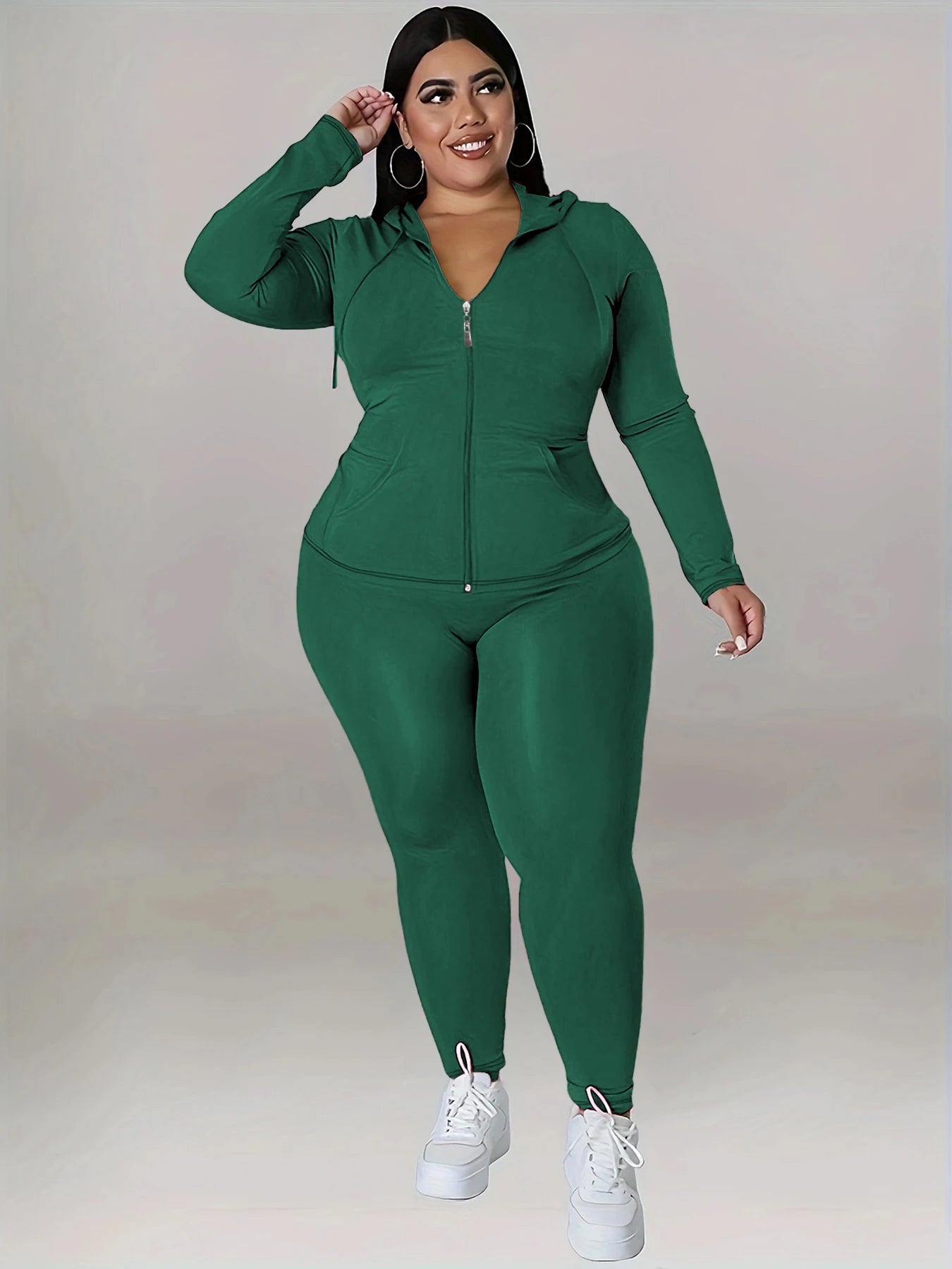 Soft Stretch Solid Color Curvy Athleisure Outfit, Zip Hoodie Tracksuit With Joggers, Comfortable Casual Oversized Matching Set, Versatile All Seasons Wear For Yoga Daily Party Streetwear Activities
