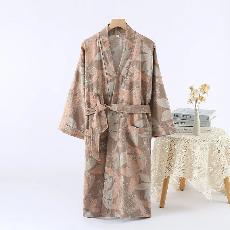 2026Couple's Printed Cotton Loose Fitting Bathrobe Japanese Style Tie Up Kimono Bathrobe Sweat Steaming Cotton Pajamas Robes Men