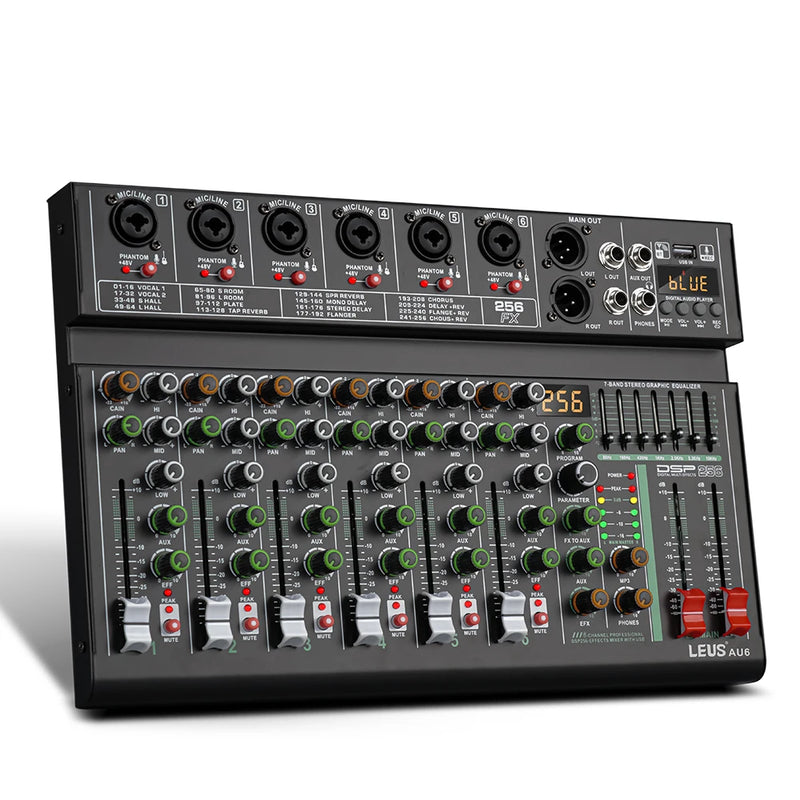 LEUS AU6 Channel Audio Mixer with 256 DSP Effects - 48V Phantom Power, Bluetooth & USB Connectivity, Supports PC Recording, DJ M