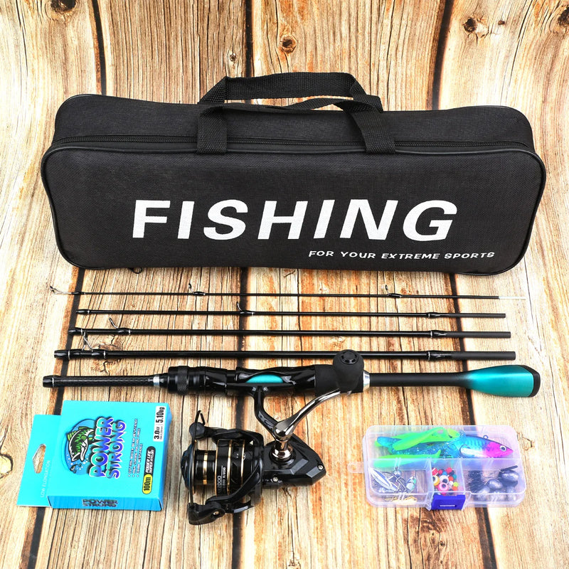 Full Complete Fishing Tackle Combo Kit,5 Sections Lightweight Carbon Fiber Spinning Casting Lure Rod for  Angling
