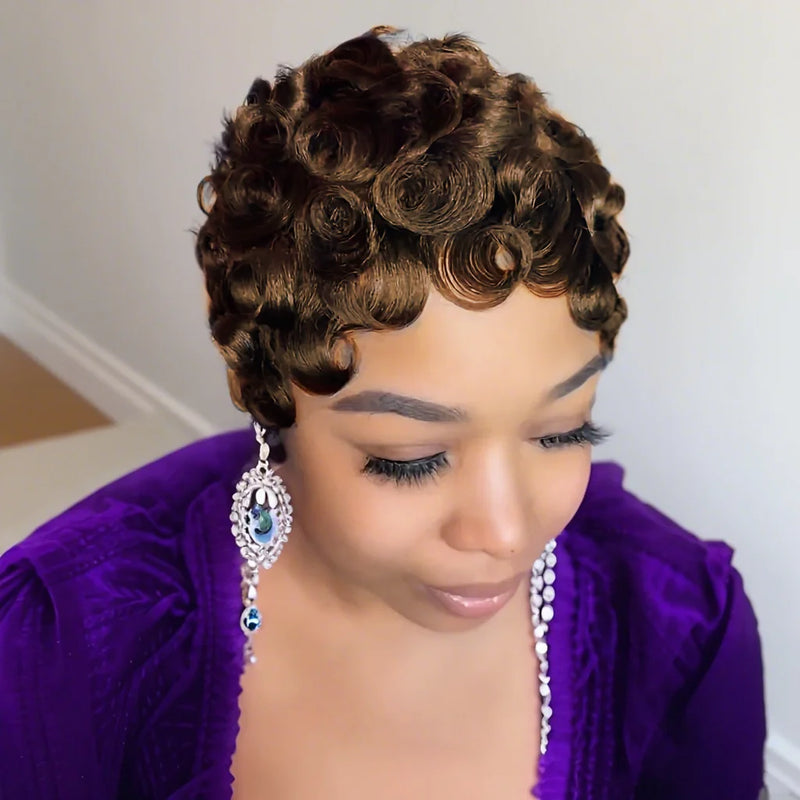 Human Hair Pixie Cut Wig Short Layered Curly with Bangs Natural Black Dark 99J Color Brown Color Machine Made Wig