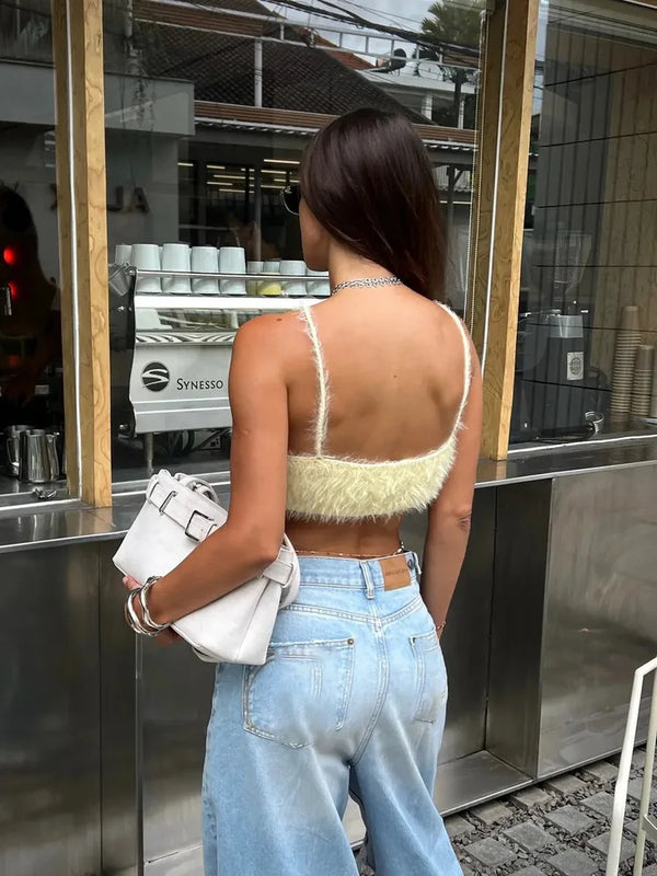 Tossy Crop Top Women Camisole Spaghetti Strap Scoop Neck Fuzzy Knit Party Club Sleeveless Slim Fit Spring Summer Y2K Casual Top