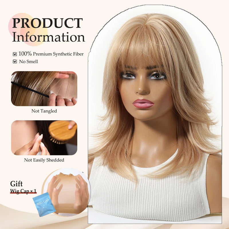 EASIHAIR Medium Length Wavy Blonde Synthetic Wig With Bangs For Women Natural Wigs Hair Heat Resistant Daily Party Cosplay Use