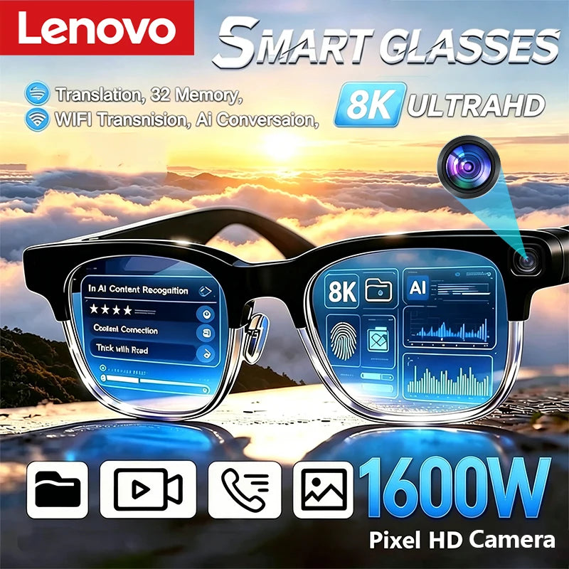Lenovo AI Smart Glasses 8K Remote Control Touch Photo Camera Recording Translator Voice Assistant Wireless Bluetooth Eyewear