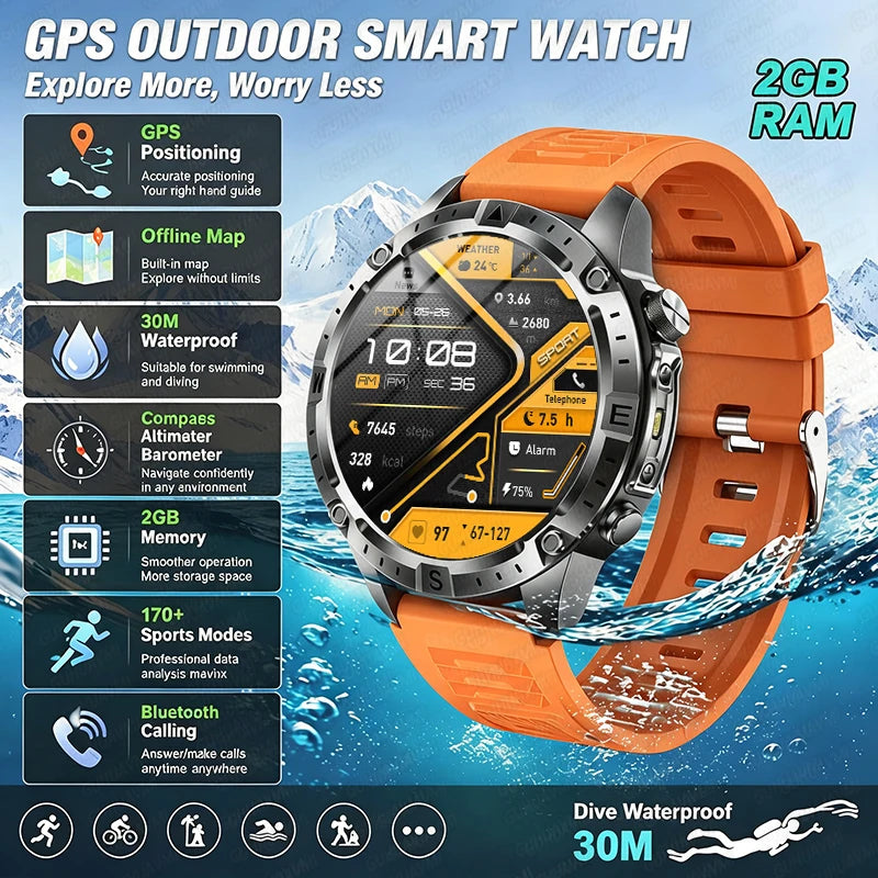 2026 Offline Map New Smart Watch 3ATM Waterproof GPS Navigation Compass Altimeter Flashlight Men 170+ Sports Bracelet Men Women