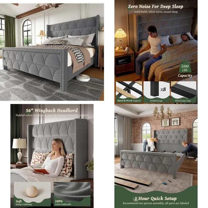 King Size Velvet Wingback Bed Frame with 56 Headboard and 1000lbs Capacity Support, Noiseless Platform Design