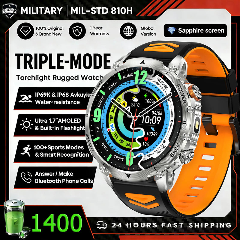 Hot New 1400mAh Big Battery Smart Watch Men Outdoor Flashlight IP68 Waterproof Bluetooth Call AMOLED Military Sports Smartwatch