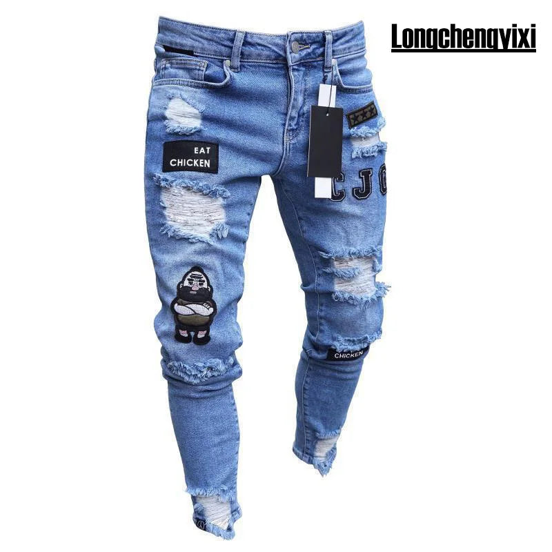 New White Embroidery Jeans Men Cotton Stretchy Ripped | SAMAG