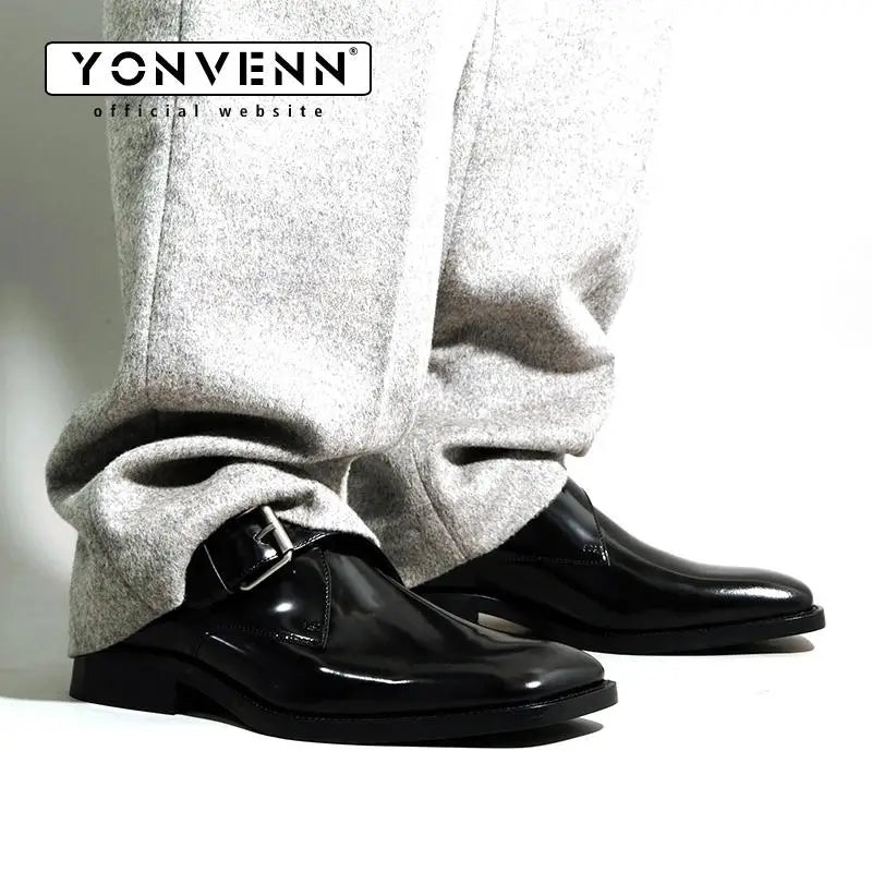 Square headed Monk leather shoes men's casual height increasing formal dress shoes work commuting business Oxford shoes