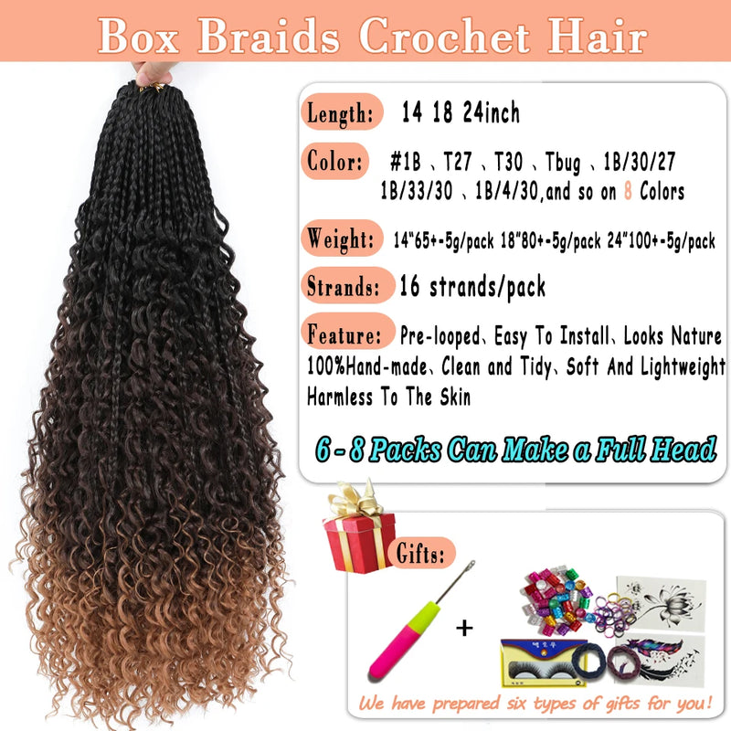 Bewill 1- 8 Packs Goddess Bohemian Box Braids Crochet Hair With Curly Ends 14 18 24 Inches Synthetic Box Braids Hair Extensions