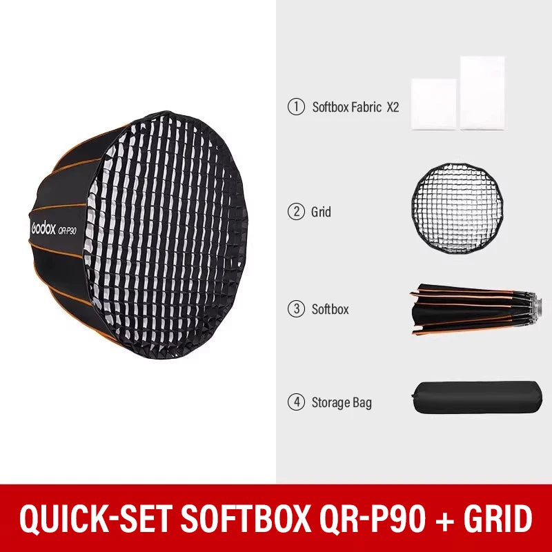 Godox Quickly Release Parabolic Deep Softbox QR-P70 70CM QR-P90 90CM QR-P120 120CM with Honeycomb Grid for Bowens Mount Studio F