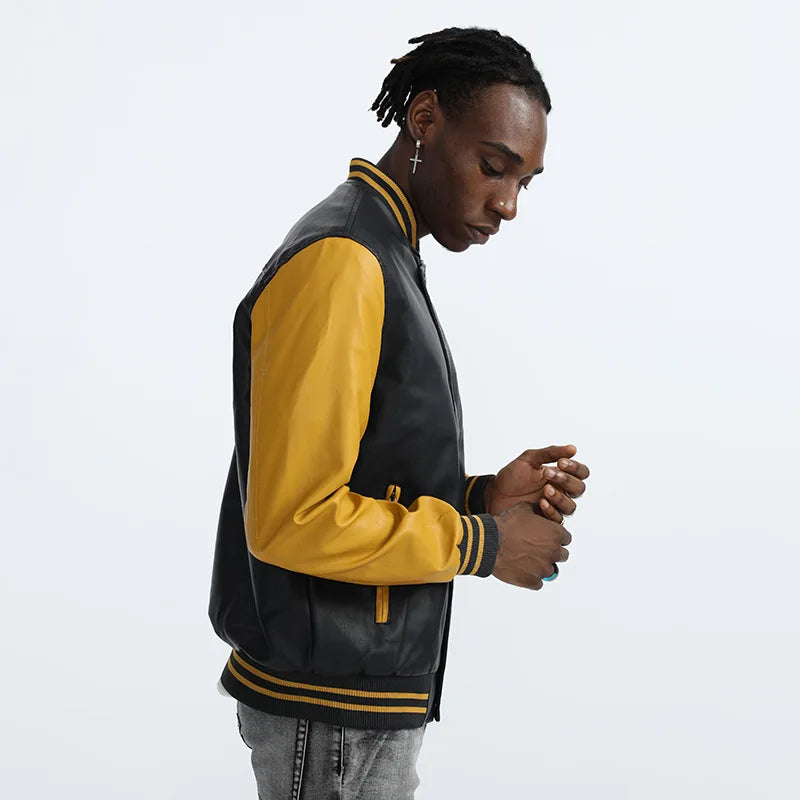 Men's Autumn Casual Baseball Collar PU Leather Jacket Contrasting Large Size Washed Leather Jacket Men's