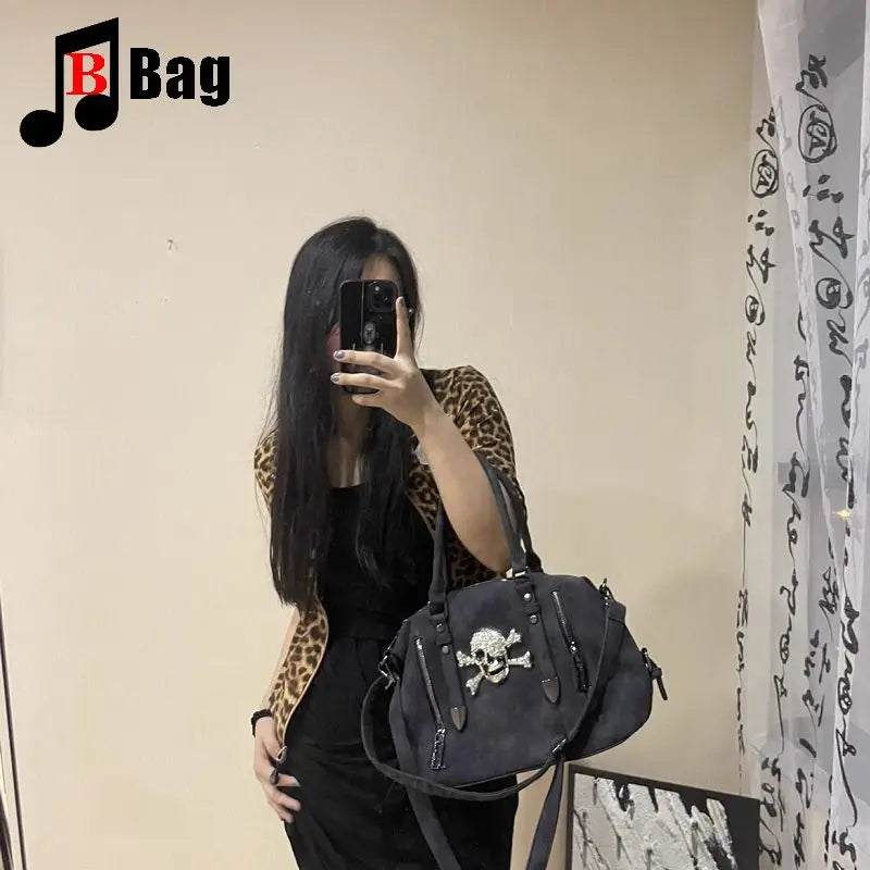 Y2K Gothic Women's Girls Punk Harajuku Handbag Skull Head Bright Diamond Large Capacity Fashionable One Shoulder Crossbody Totes