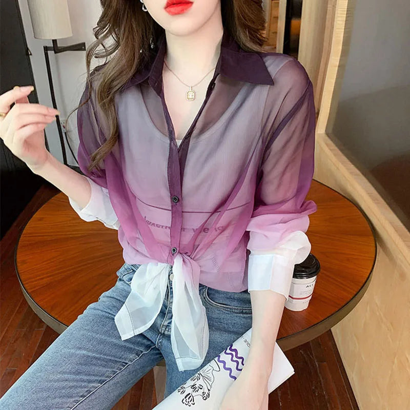 Fashion Gradient Color Chiffon Shirt Women Summer Tie Dye - View 2 | SAMAG