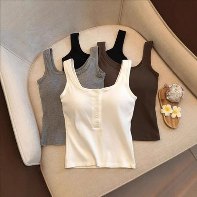 Women's Ribbed Henley Tank Top, Square Neck Button Front | SAMAG