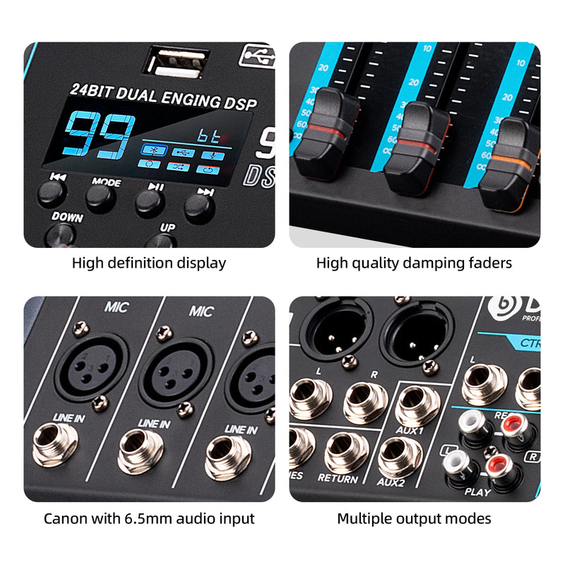 Debra DP-10 Channels 99 DSP Audio Mixer DJ Controller Reverb Recording Mixing With Bluetooth 5.0 Professional Performance