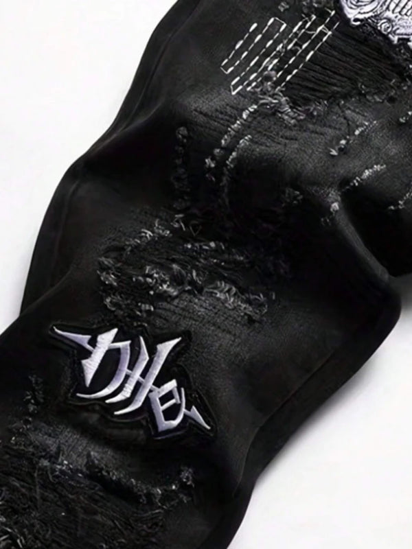Men's Black Distressed Jeans Skull Patch & Embroidery | SAMAG