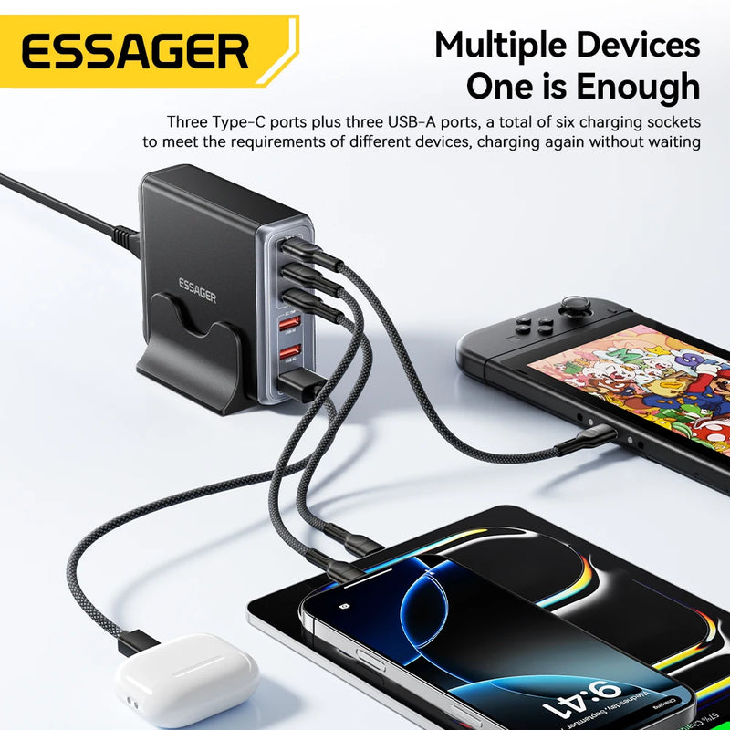 Essager 85W GaN USB Charger6in1 Desktop Fast Charge USB Type C Charger  For iPhone17 16 15Pro  Xiaomi Samsung Smartphone Laptop