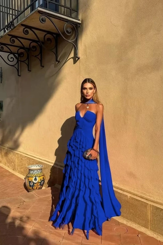 Halter Long Train Evening Gown Sweetheart Multi Layer | SAMAG
