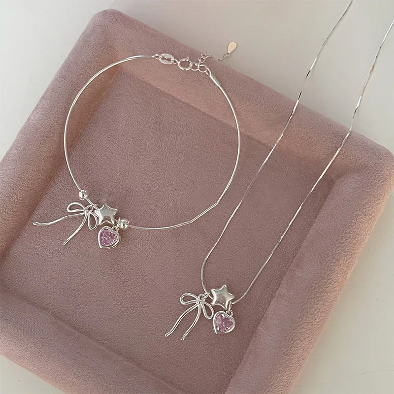 VENTFILLE 925 Sterling Silver Zircon Love Heart Bracelet For Women Bowknot Stars Bead Snake Bone Chain - Visuel 5 | SAMAG