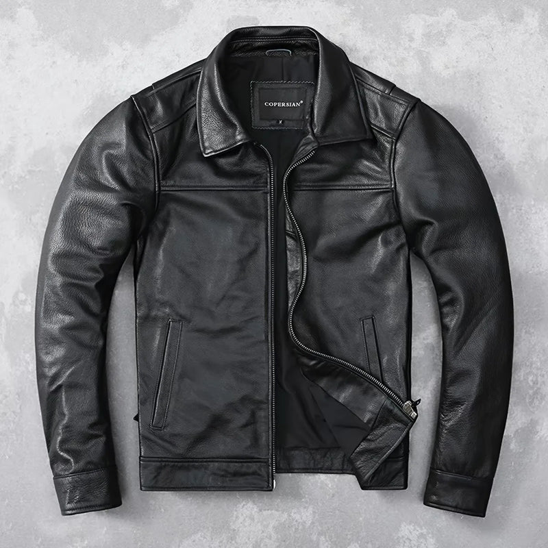 Men Genuine Top Layer Cowhide Leather Jacket Slim Fit Lapel Dark Brown Casual Business Coat Plus Size Real Leather