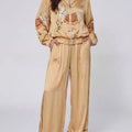 Autumn Animal Print Coat Trousers Suit Women Zipper Casual Long Sleeve Female Coats Satin 2 Pieces Set High Waist Pant Lady Sets