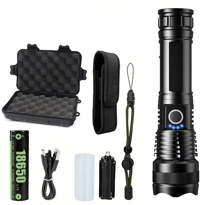 High Power Strong Light Long Range LED Flashlight USB Rechargeable Defense Flashlight Outdoor Telescopic Zoom Super Bright Torch