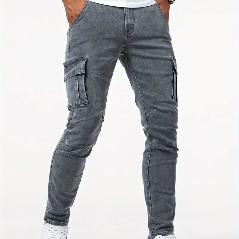 Street Elastic Jeans Men Denim Cargo Pants Wash Solid | SAMAG