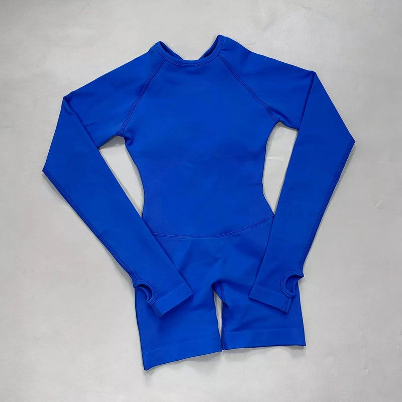 1 Piece Women Bodysuit Sportwear Backless Long Sleeve Short Leggings Seamless High Stretch for Yoga Run Gym Fitness Workout