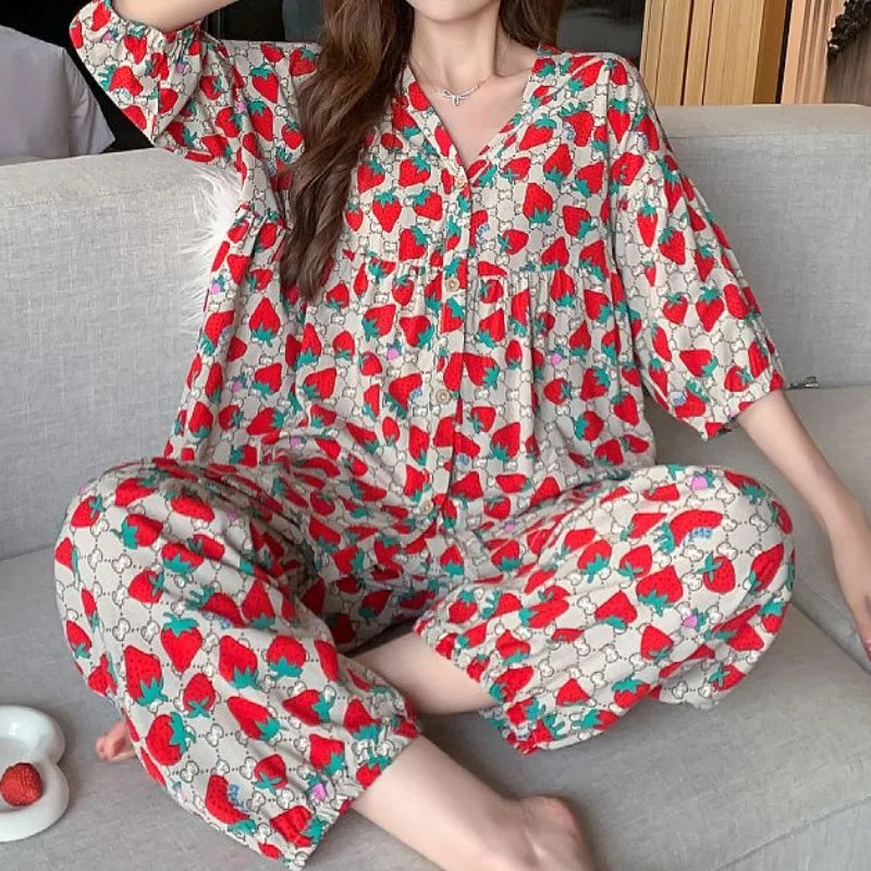 Cotton Sleepwear Big Size Cardigan Seven-minute Pants Two-piece Print Loungewear Pajama Sets Summer Nightwear Korean Fashion